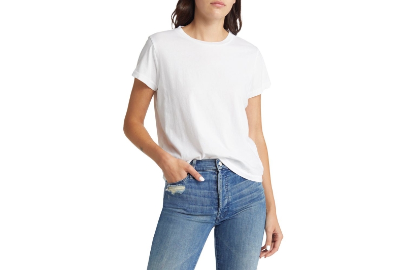 Plain white tees are a classic, versatile option that can be worn on its own, paired with jeans, skirts, underneath a good blazer, or even with sweatpants—the options are truly endless.