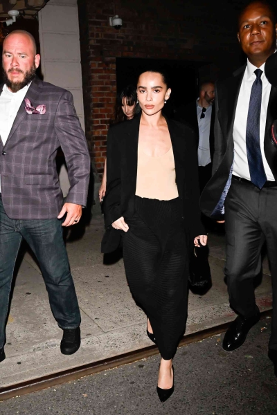 Look of the Day for August 22, 2024 features Zoë Kravitz in a sheer top, oversized blazer, midi skirt, and pointed-toe kitten heels. Shop her look from brands like Vince Camuto and Calvin Klein.