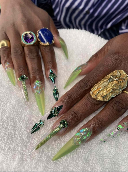 Take a page out of Cynthia Erivo's book and don a "Wicked"-themed manicure, adorned with loads of sparkle, texture, and creativity.