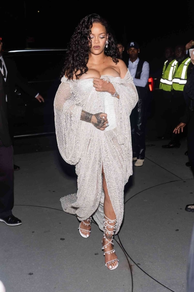 Rihanna attended Alaïa's spring-summer 2025 runway show during New York Fashion Week, wearing a sheer fishnet gown covered in crystals. See her full look, here.