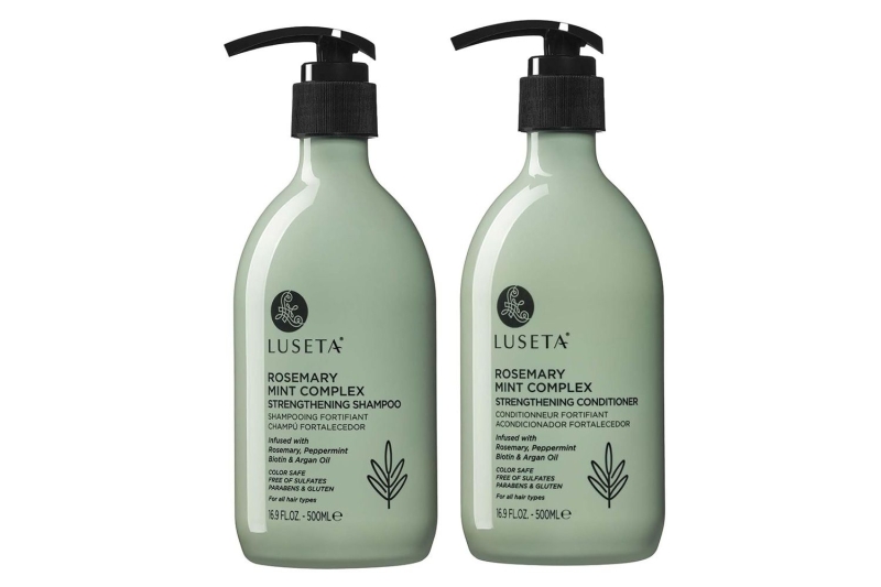 The Luseta Rosemary Mint Complex Shampoo Set contains rosemary, biotin, argan oil, and peppermint to strengthen strands, promote hair growth, fight dandruff, and soothe the scalp. Shop this thickening treatment for $25 at Amazon.