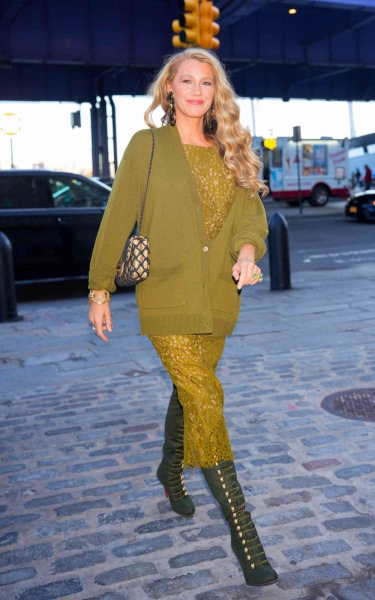 Blake Lively wore a side boob-baring chartreuse lace dress with Victorian-inspired Christian Louboutin boots, leaning into both the "very demure" and "Brat" trends while stepping out in New York City on October 18.