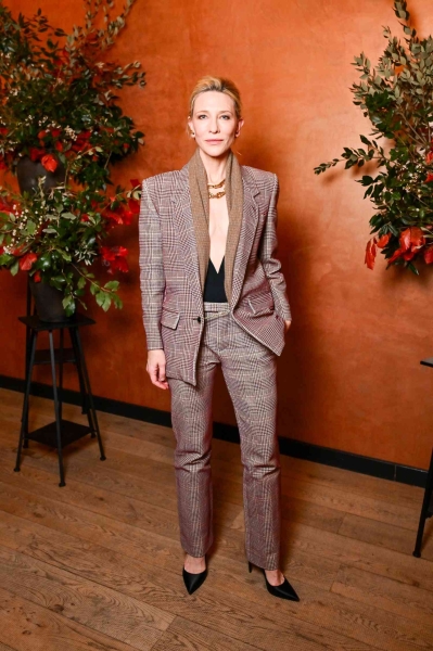 Cate Blanchett attended a premiere of 'Vogue: Inventing the Runway' at Lightroom in Kings Cross. She wore a plunging top paired with a chic suit for the occasion.