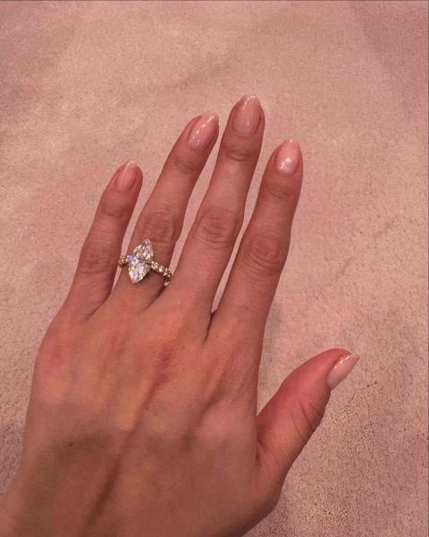 After one year of dating, Selena Gomez and Benny Blanco are officially engaged. See photos of her proposal manicure here, plus where to find the exact polish.